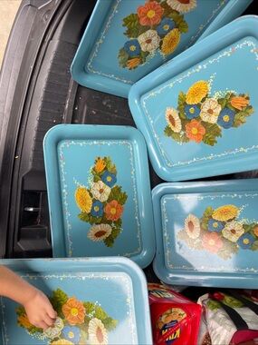 Vintage Floral Blue Metal Serving Trays - Set of 8
